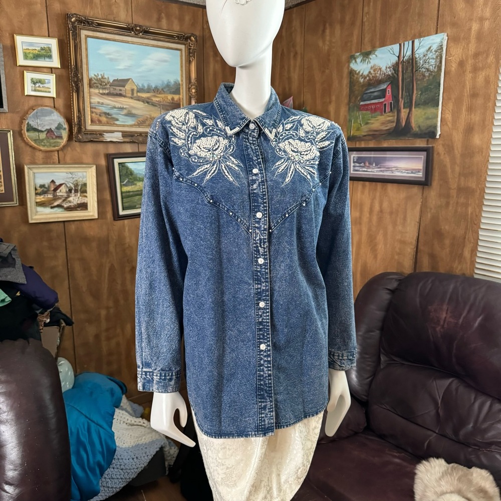 Vintage Denim Button-Up Shirt with Embroidery and Beaded Flowers